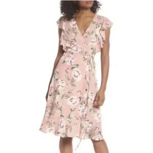 Charles Henry Floral Wrap Dress Size Small Pink Lined Short Flutter Sleeves